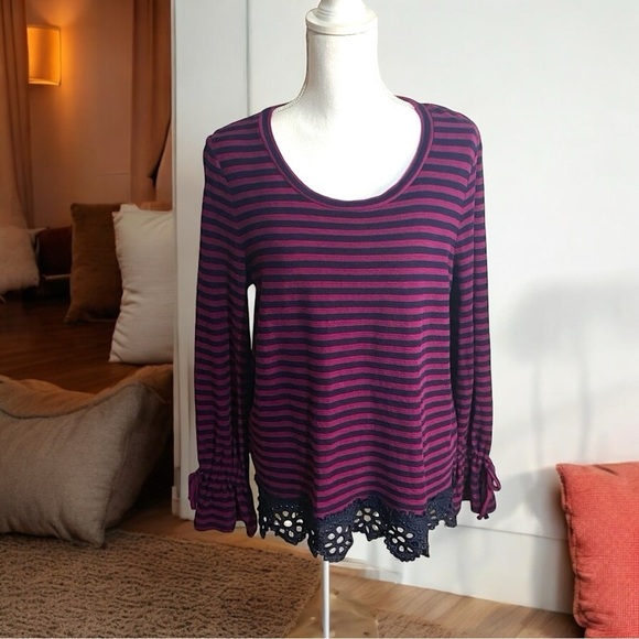 Crown & Ivy Navy Striped Lace Trimmed Pullover Top - Picture 1 of 10